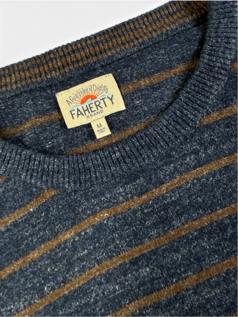 Faherty 100% Cotton Striped Crewneck Sweater Heathered Navy Brown Men’s M